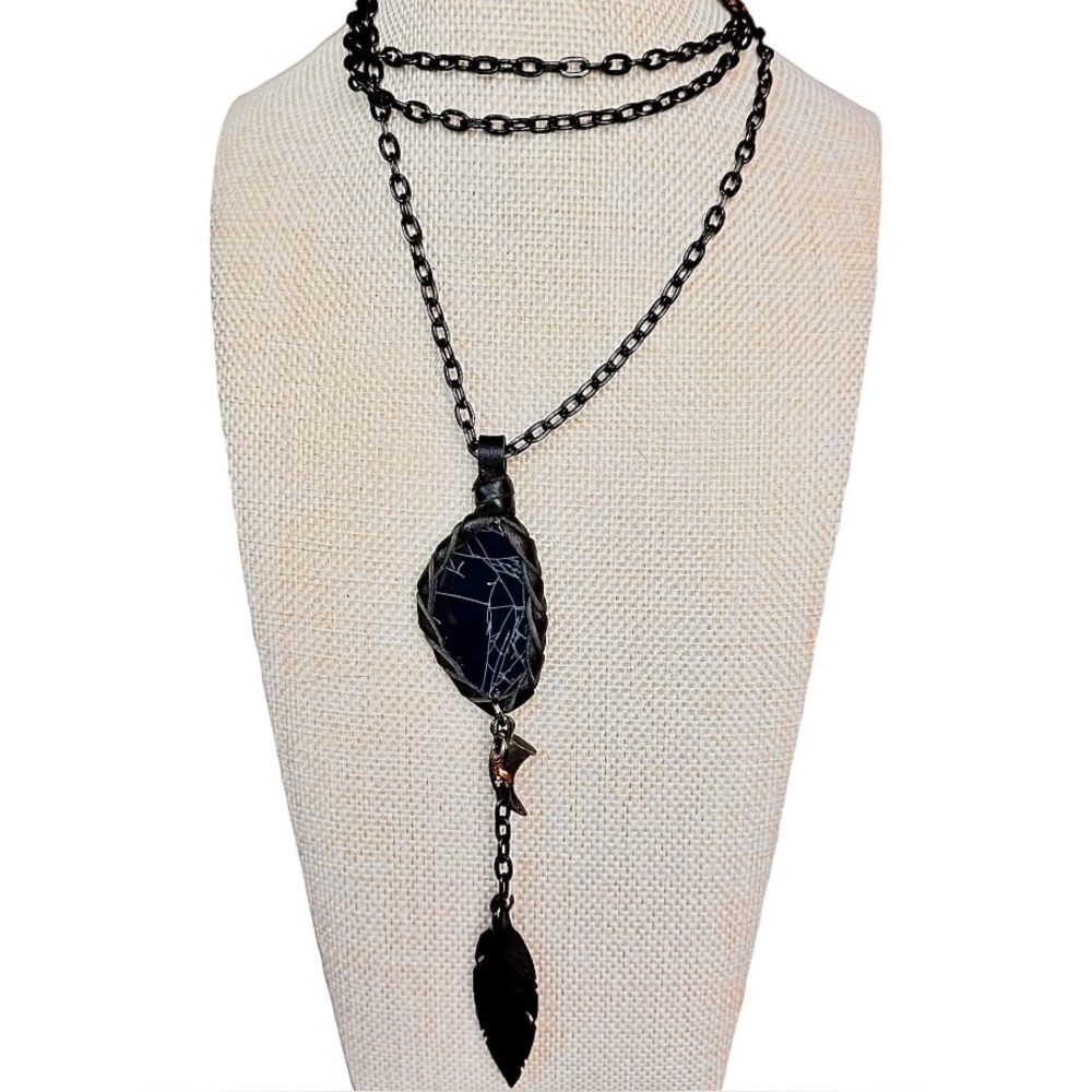 Leather Wrapped Black Stone Long Necklace Long Pendant Drop Native Boho Style - Picture 4 of 9